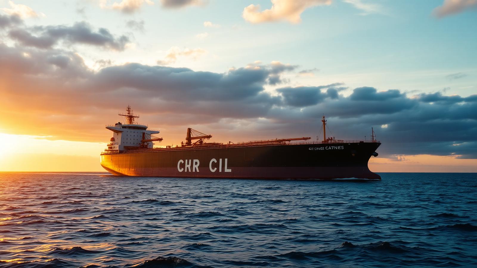 Crude oil supertanker at sea at golden hour