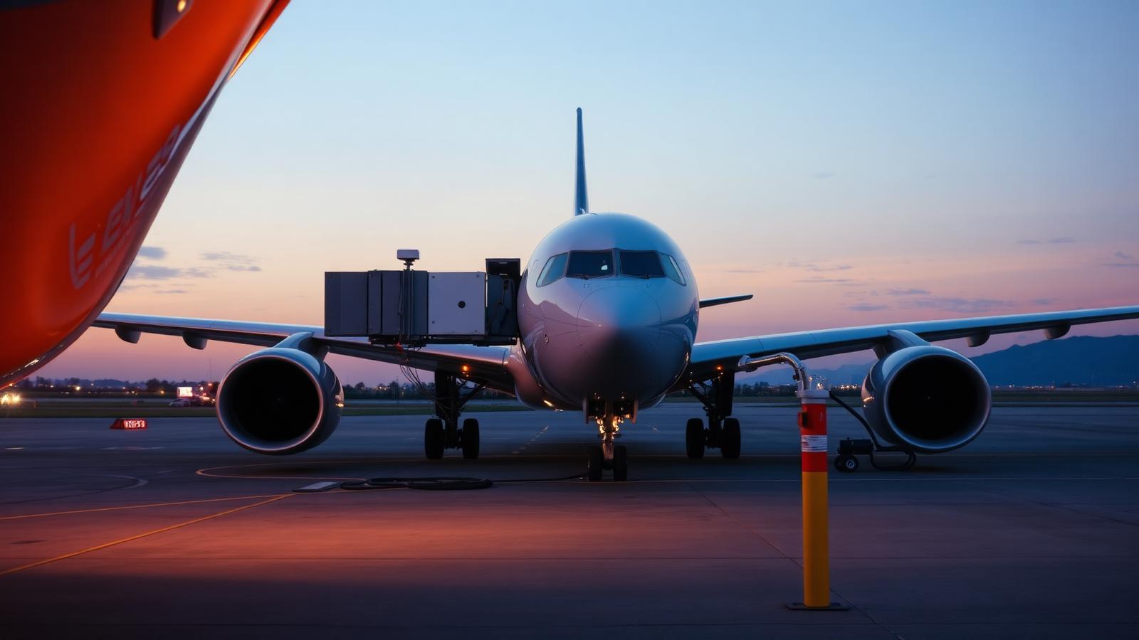 Commercial jet being refueled on the tarmac at dusk