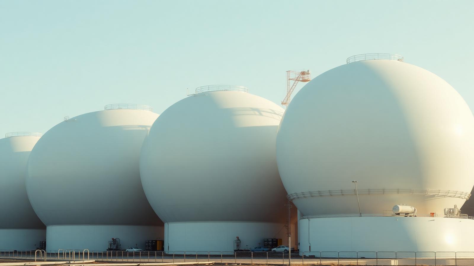 White spherical LPG storage tanks at an industrial terminal